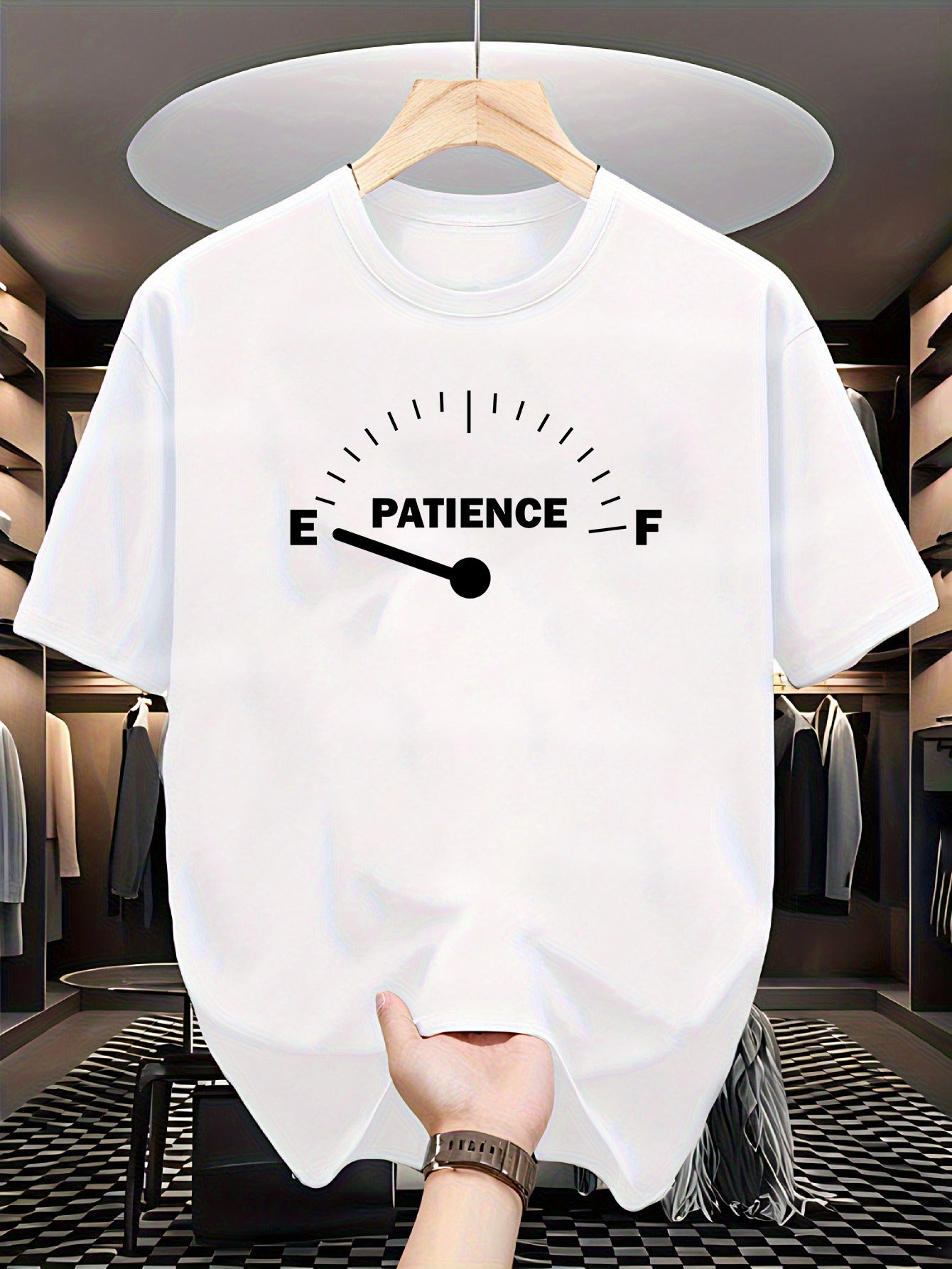 Men's  T-shirt - Black "Patience Chart" Graphic with Humorous Lettering, Soft and Breathable Fabric, Casual Round Neck Short Sleeve Top, Suitable for Outdoor, Travel and Fitness