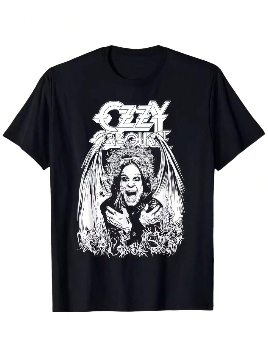 Men's Graphic T-Shirt, Ozzy Osbourne Crazy Train Print, Gothic Punk Style in 100% Soft Cotton, Lightweight Regular Fit Top, Fabric, Casual, Stitched Hem, Floral, Shortsleeve, Tshirt, Menswear, Stretch, Graphic Print, Round Neck, Ozzy Print