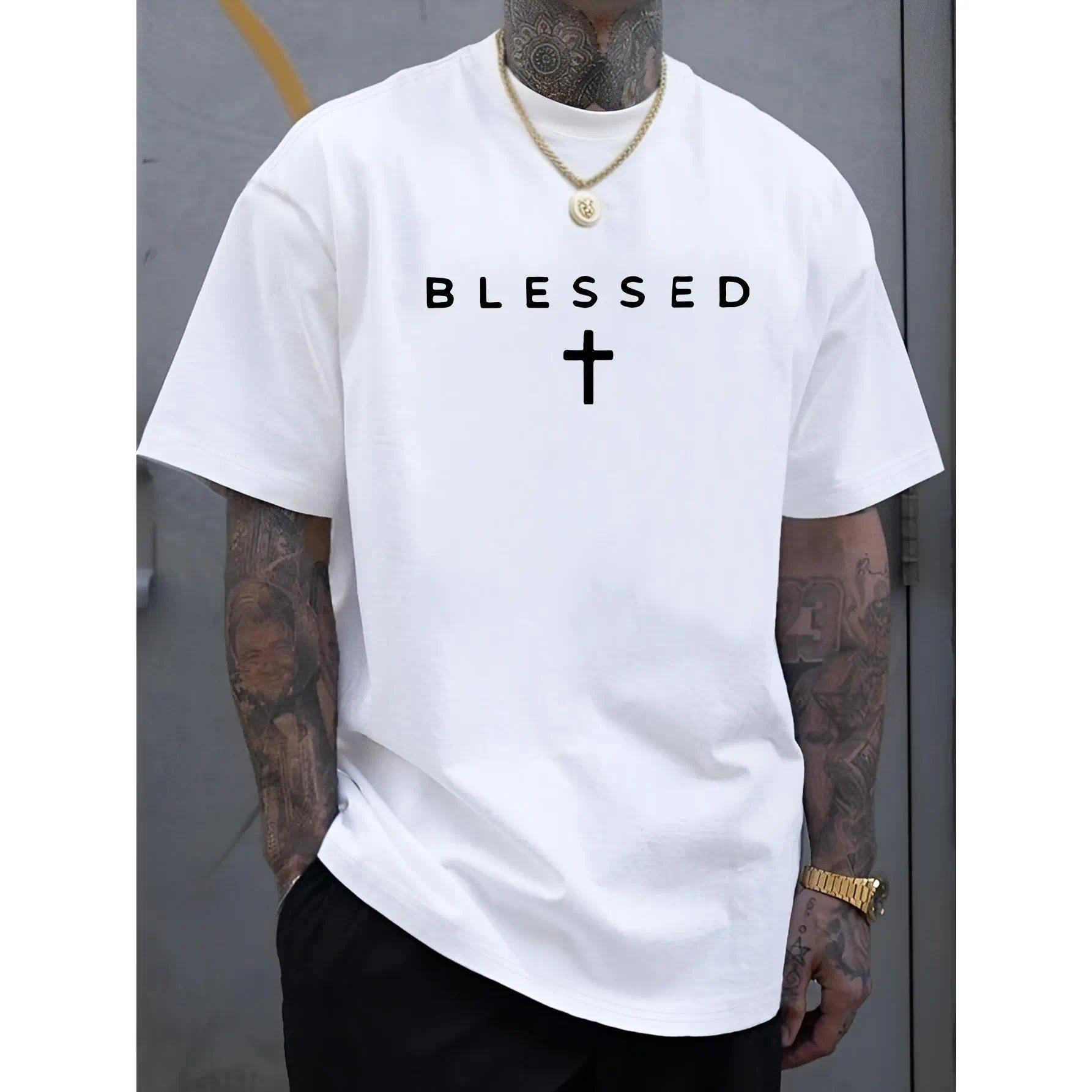 Men’s Faith-Inspired Black Graphic Menswear Top - Cross Print, Blessed Print, Soft Lightweight Cotton Round-Crew Neck Shortsleeve Shirt for Summer Comfort, Everyday Casual Outfits, Tops, Round Neck, Relaxed Fit, Classic
