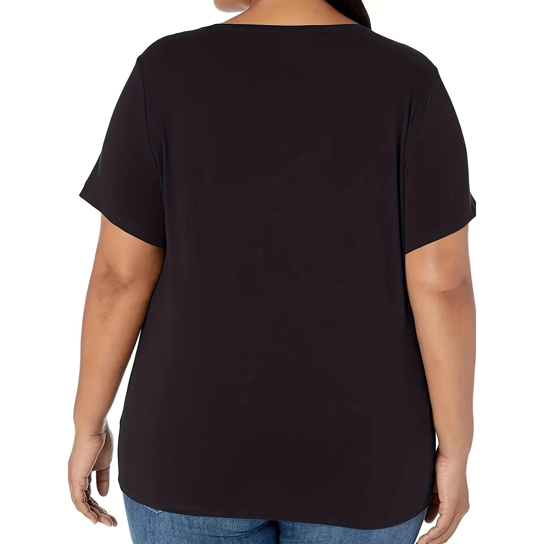 Plus Size Cross & Letter Print T-Shirt, Casual Short Sleeve Top For Spring & Summer, Women's Plus Size Clothing