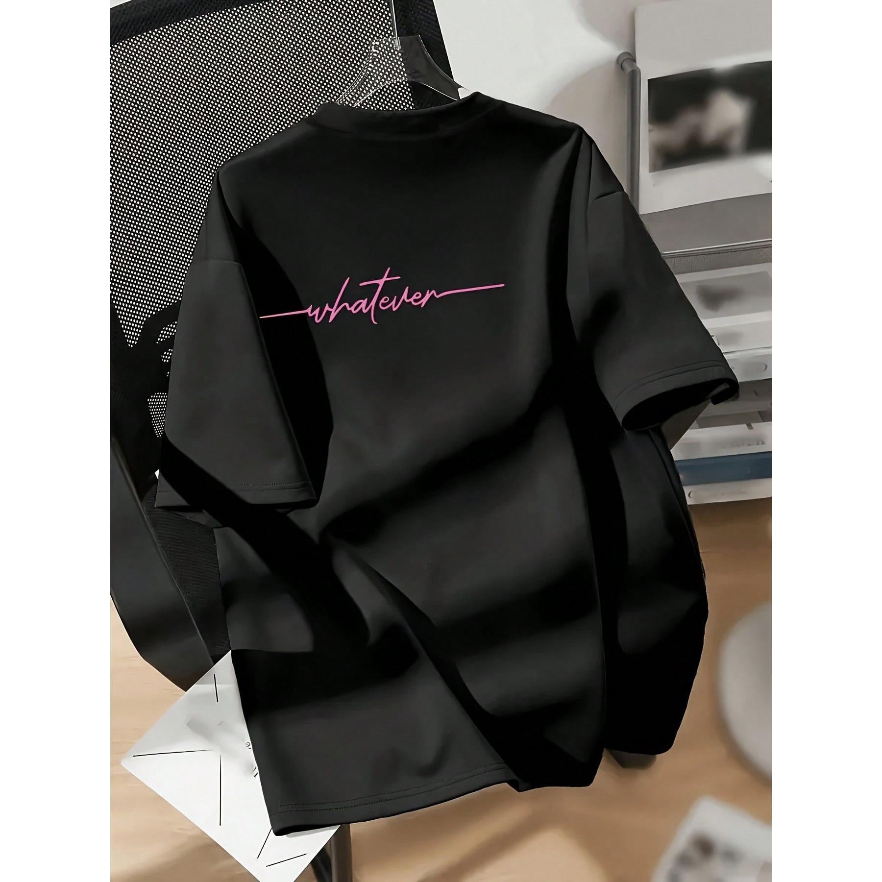 Black Oversized Plus Size Whatever Cursive Print Crew Neck Short Sleeve Tee