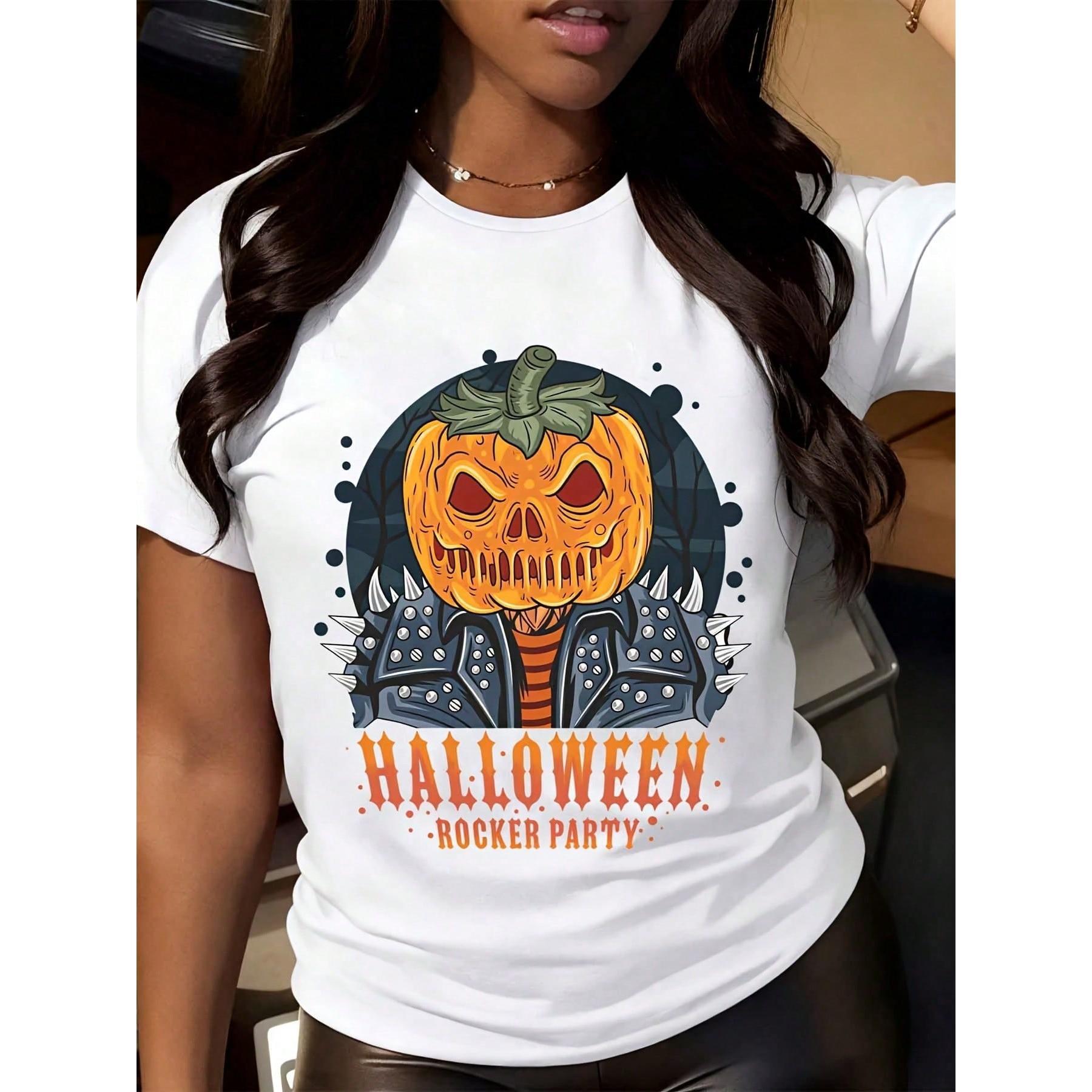Women Casual Graphic Tee Halloween Rocker Party Pumpkin Skull Print Short Sleeve Top Autumn Festival Gift For Girls Friends