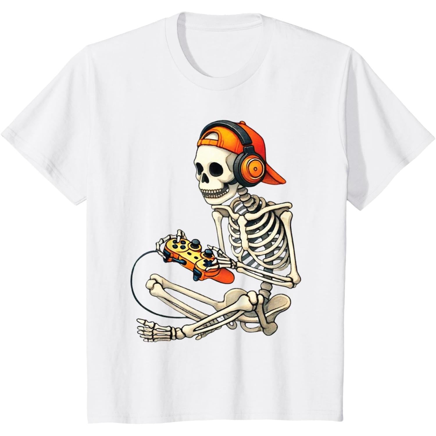 Halloween Skeleton Gamer Video Gaming Boys Men Kids Tees T-Shirt made in usa