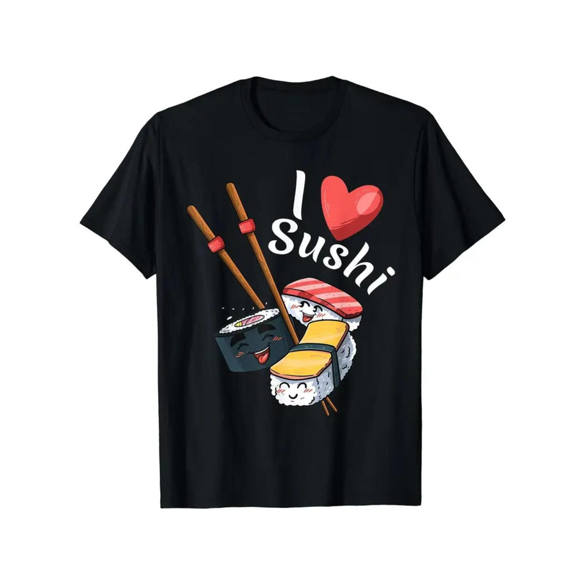 I Love Sushi Cute Kawaii Cartoon Graphic T-Shirt, Unisex Soft Cotton Crew Neck Tee, Funny Japanese Food Novelty Gift For Sushi Lovers Asian Cuisine Fans Casual Daily Wear