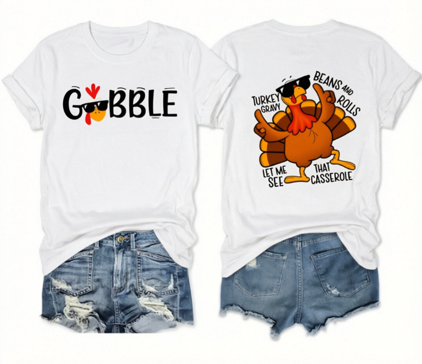 Thanksgiving Women's Casual Loose Basic Shirt Stylish Front And Back Printed T-Shirt 100%Cotton Thanksgiving Gift Shirt For Family And Friends