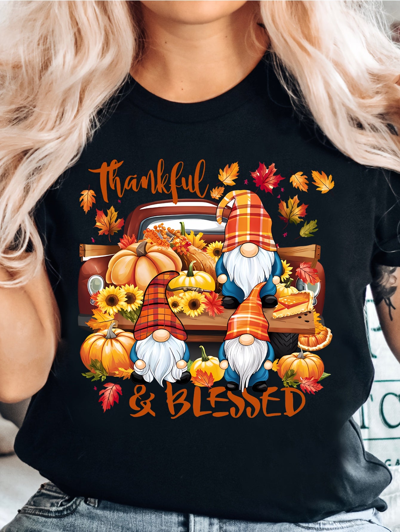 Thanksgiving Gift, Autumn Gnome, Pumpkin Maple Leaf Sunflower, Autumn Harvest Print T-Shirt