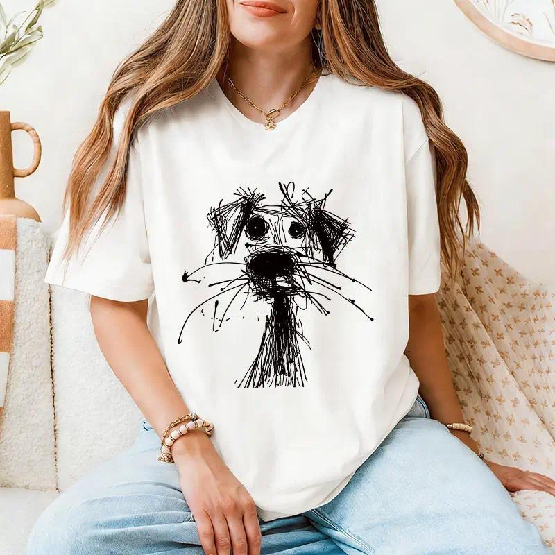 Women's Oversize 100% Cotton Short-Sleeve Round Neck Puppy Doodle Print T-Shirt, Versatile Top