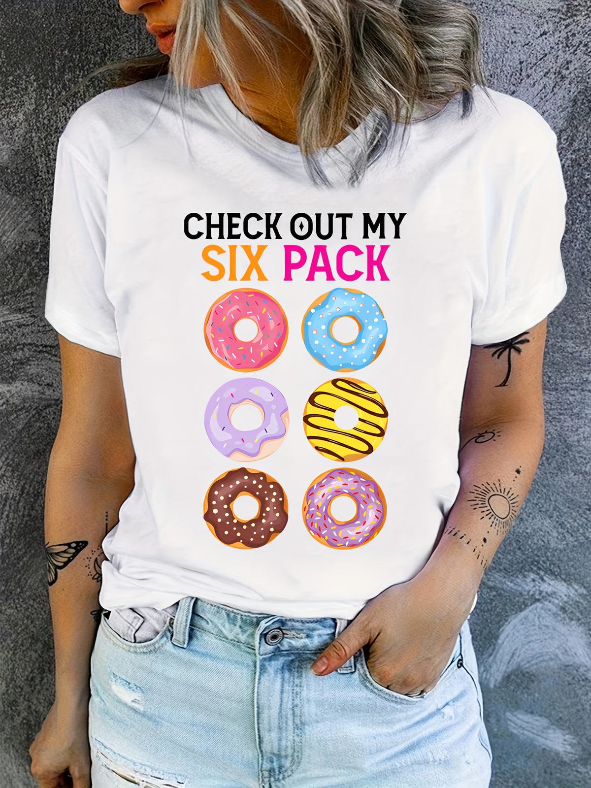 Check Out My Six Pack Funny Donut Graphic Tee for Men Women, Cute Gym Food Short Sleeve T-Shirt, Casual Crew Neck Top for Fitness Lover Gift