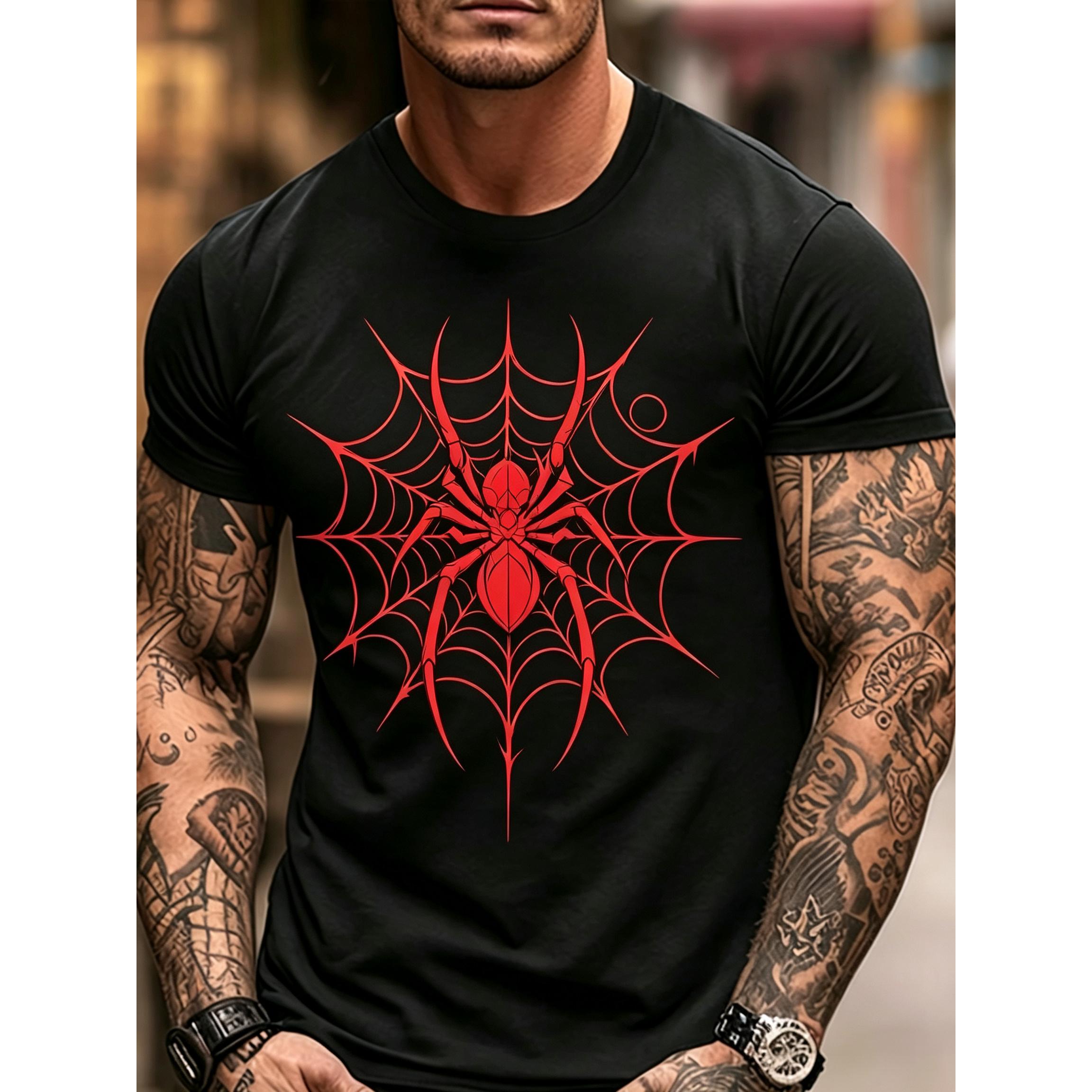 Red Spider Web Graphic Crew Neck T-Shirt, Gothic Arachnid Print Short Sleeve Casual Tee for Men Streetwear Top