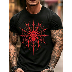 Red Spider Web Graphic Crew Neck T-Shirt, Gothic Arachnid Print Short Sleeve Casual Tee for Men Streetwear Top