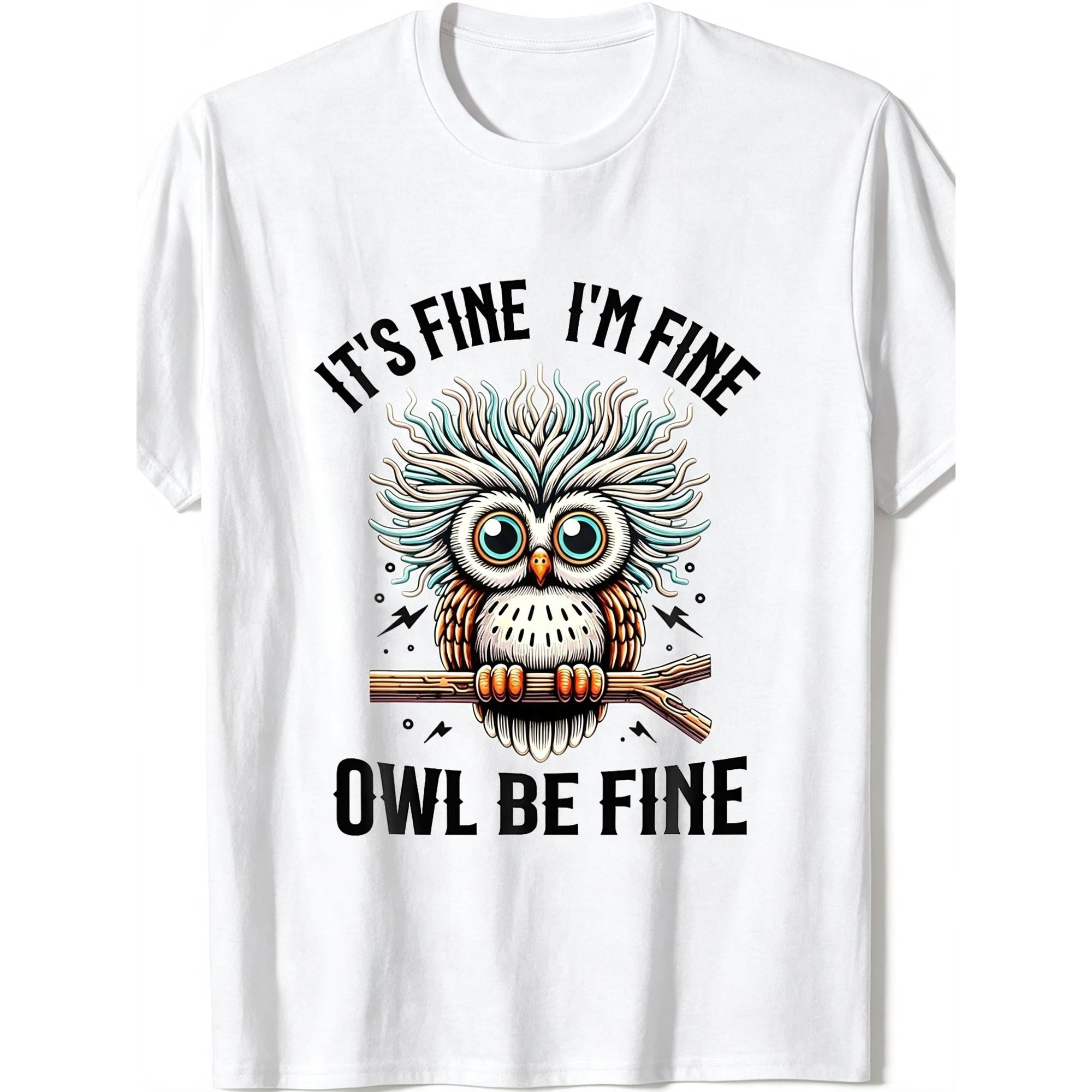 Owl Be Fine It’s Fine I’m Fine Tee – Funny Retro Owl Pun Graphic Shirt for Men Women, Unisex Soft Casual Crewneck