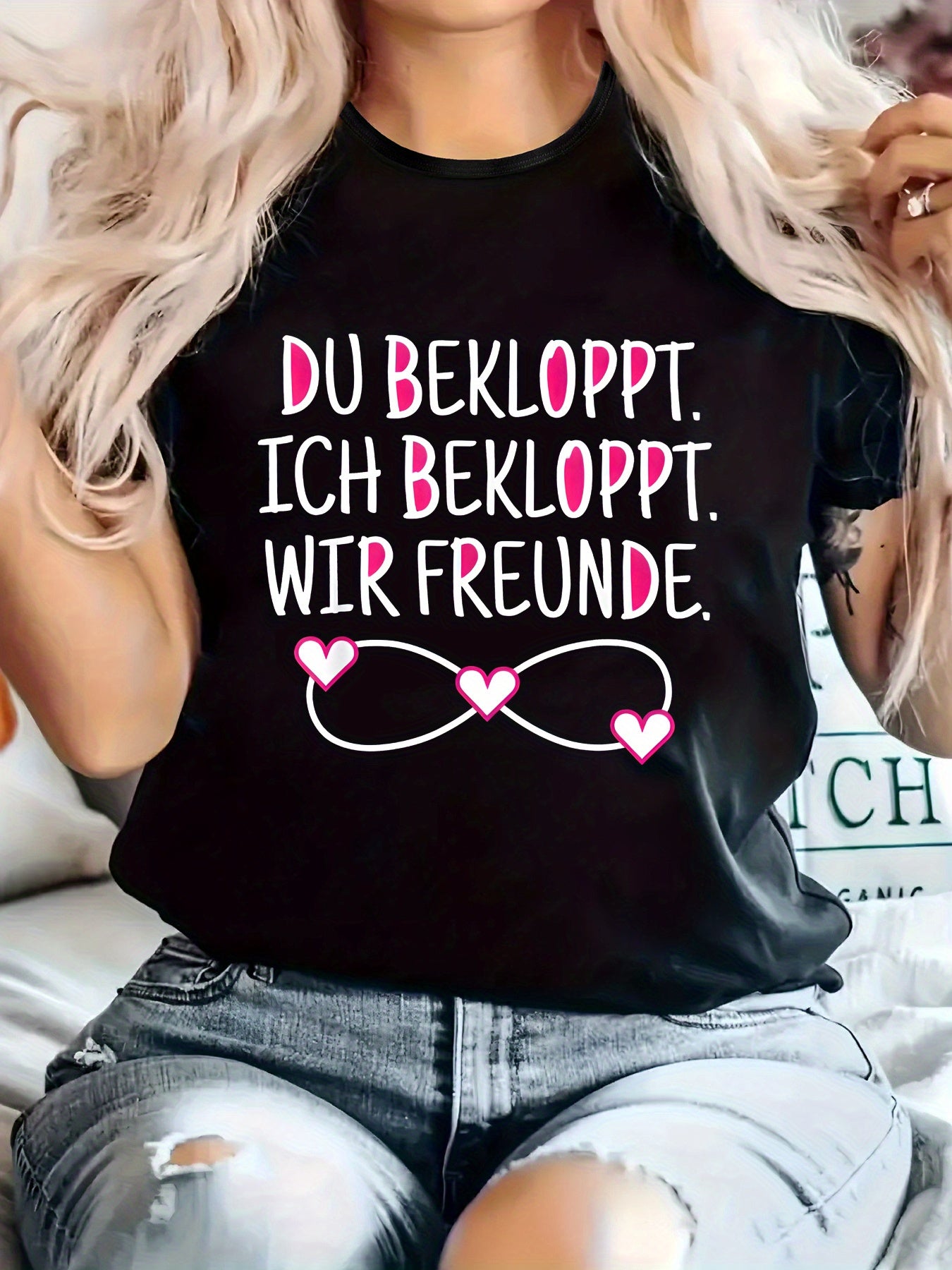 Women's Funny German Friendship Graphic T-Shirt, Casual Crew Neck Short Sleeve Tee, German Quote Print, Cute Heart Infinity Novelty Shirt, Soft Everyday Top