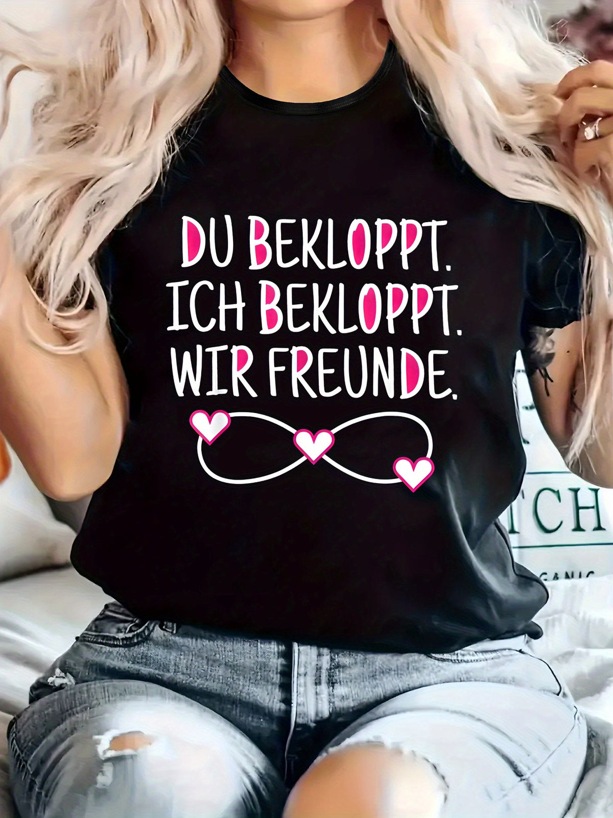 Women's Funny German Friendship Graphic T-Shirt, Casual Crew Neck Short Sleeve Tee, German Quote Print, Cute Heart Infinity Novelty Shirt, Soft Everyday Top