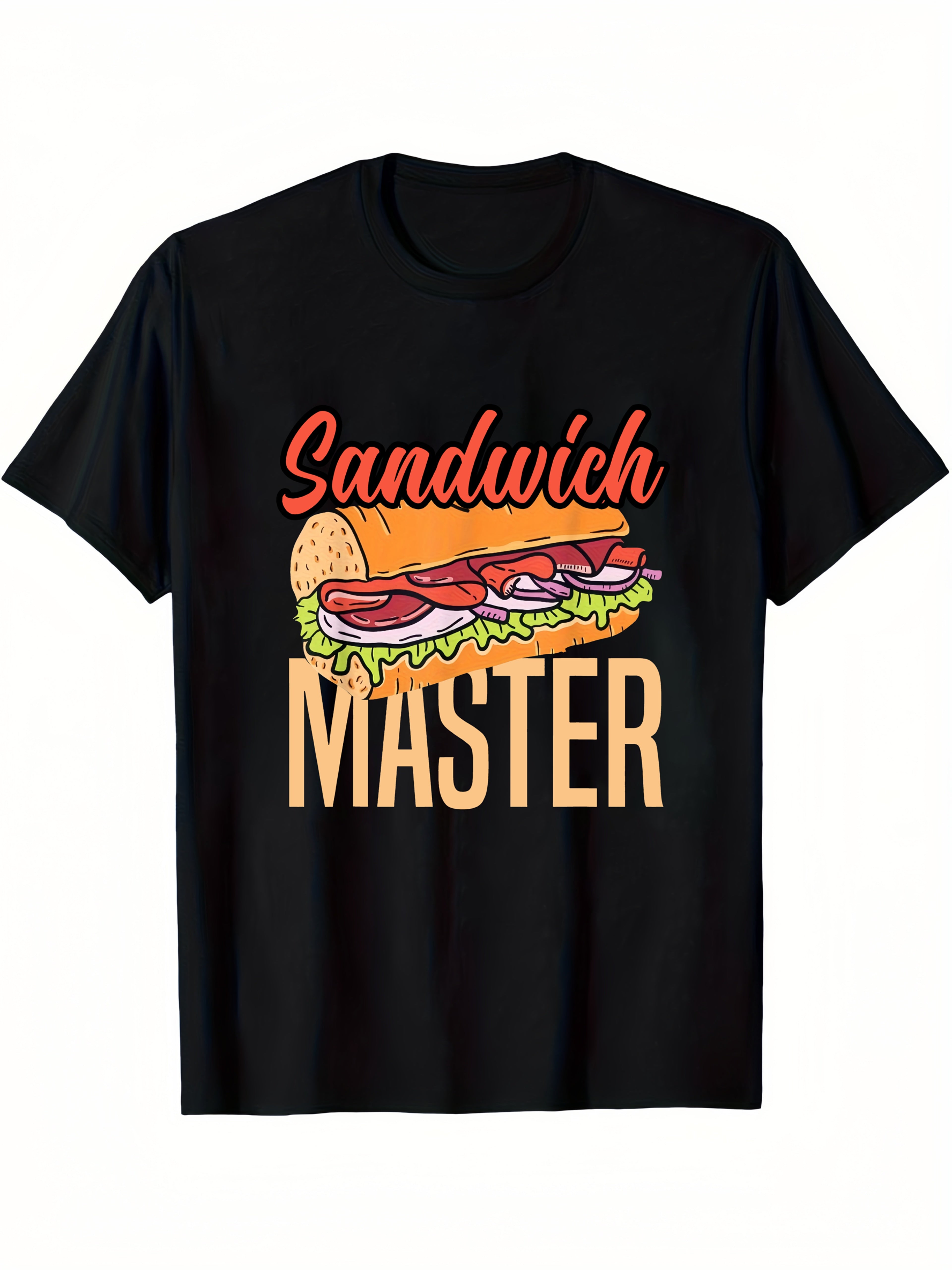 Men's Funny Sandwich Master Graphic T-Shirt - Black Casual Short Sleeve Round Neck Tee with Vibrant Geometric Sandwich Design