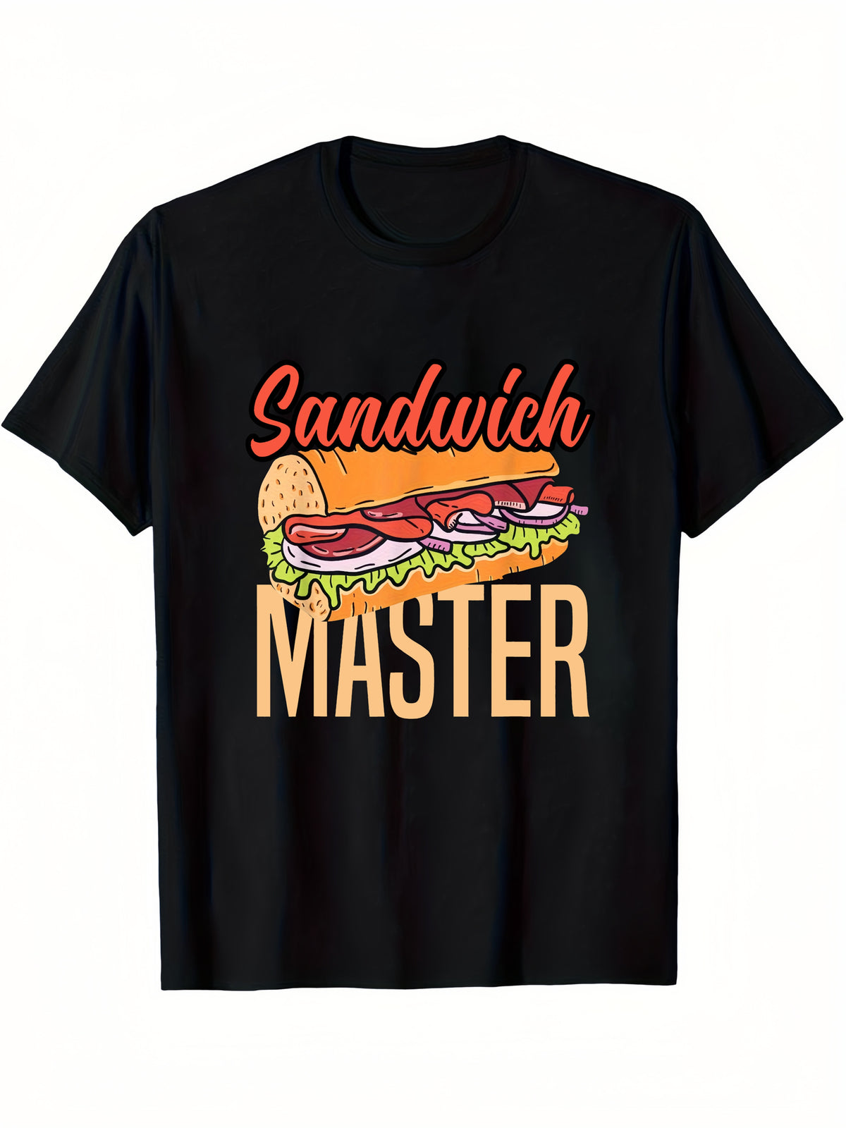 Men's Funny Sandwich Master Graphic T-Shirt - Black Casual Short Sleeve Round Neck Tee with Vibrant Geometric Sandwich Design
