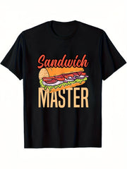 Men's Funny Sandwich Master Graphic T-Shirt - Black Casual Short Sleeve Round Neck Tee with Vibrant Geometric Sandwich Design