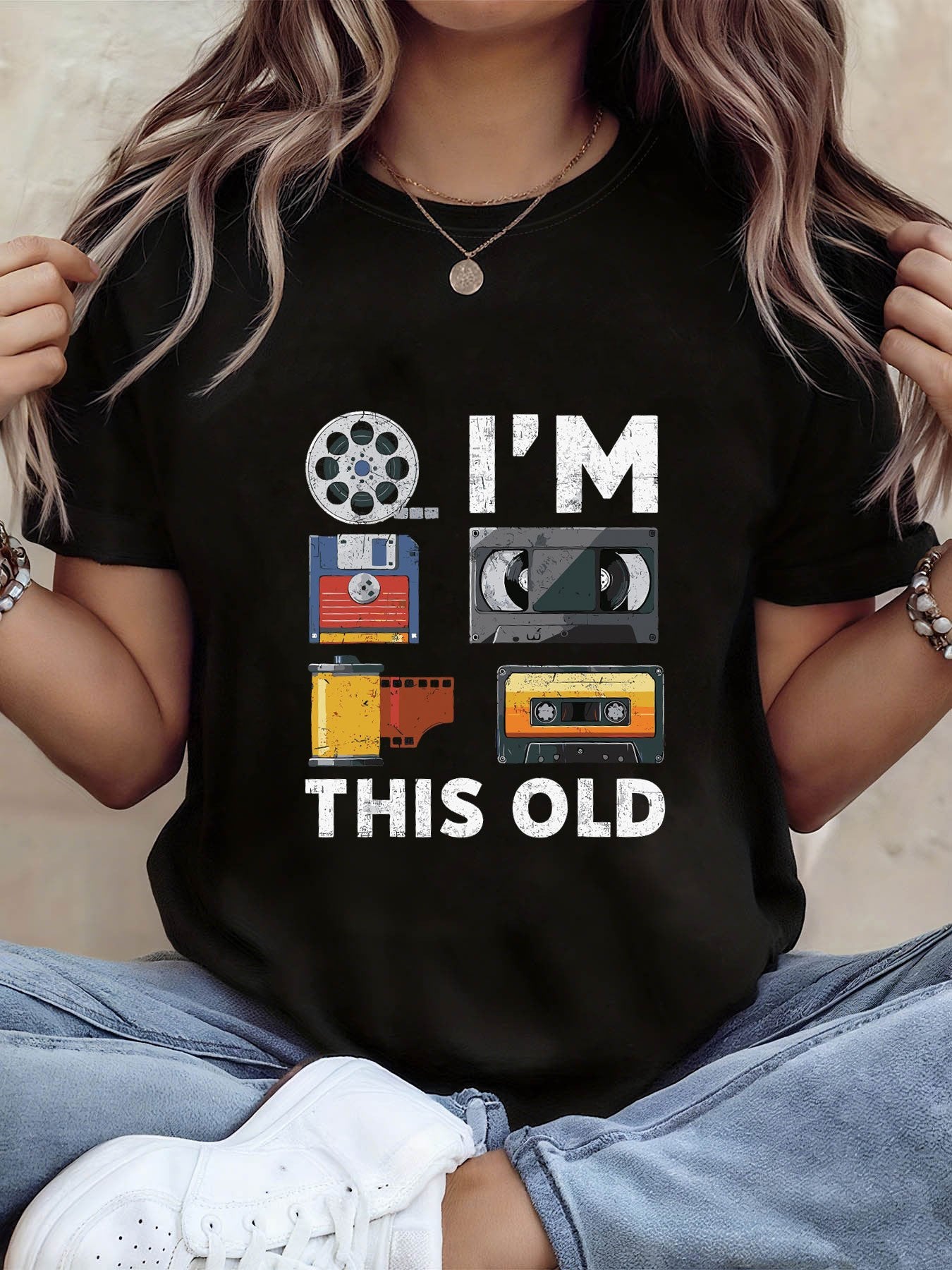 Retro Tech Nostalgia I Am THIS OLD Floppy Disk And Cassette Graphic Print Women's T-Shirt, Plus Size, Short Sleeve Crew Neck Casual Top, for Summer And Spring, Women's Clothing