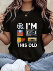 Retro Tech Nostalgia I Am THIS OLD Floppy Disk And Cassette Graphic Print Women's T-Shirt, Plus Size, Short Sleeve Crew Neck Casual Top, for Summer And Spring, Women's Clothing