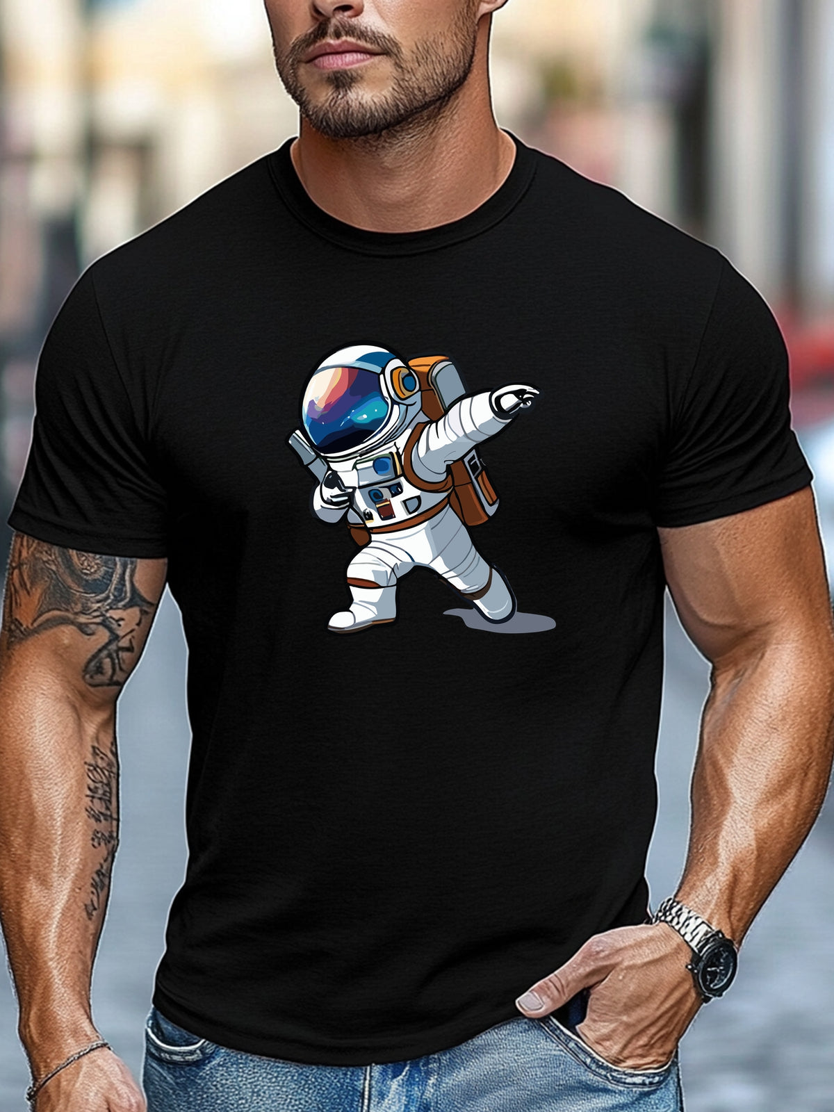 Men's T-shirt, Men's Cartoon Astronaut Graphic Summer Casual Crew Neck Short-sleeve T-shirt
