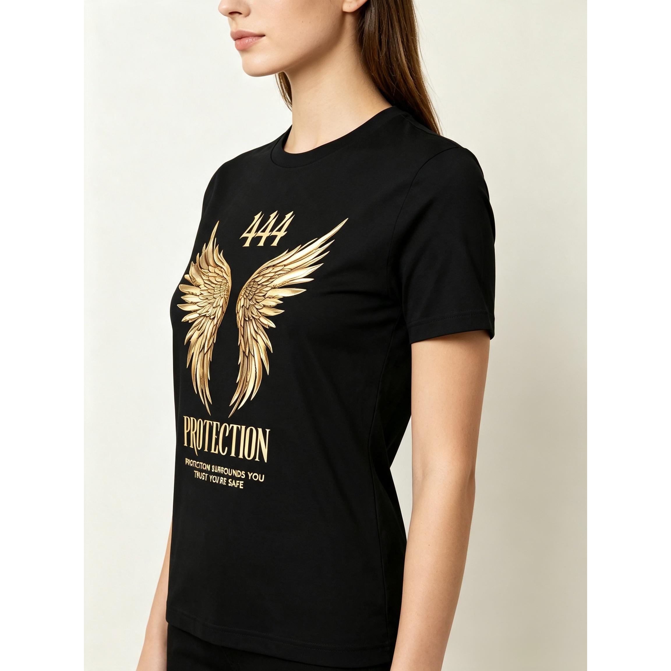 Women’s Angel Number 444 Golden Angel Wings Graphic Crew Neck T-Shirt Vintage Spiritual Casual Summer Short Sleeve Top