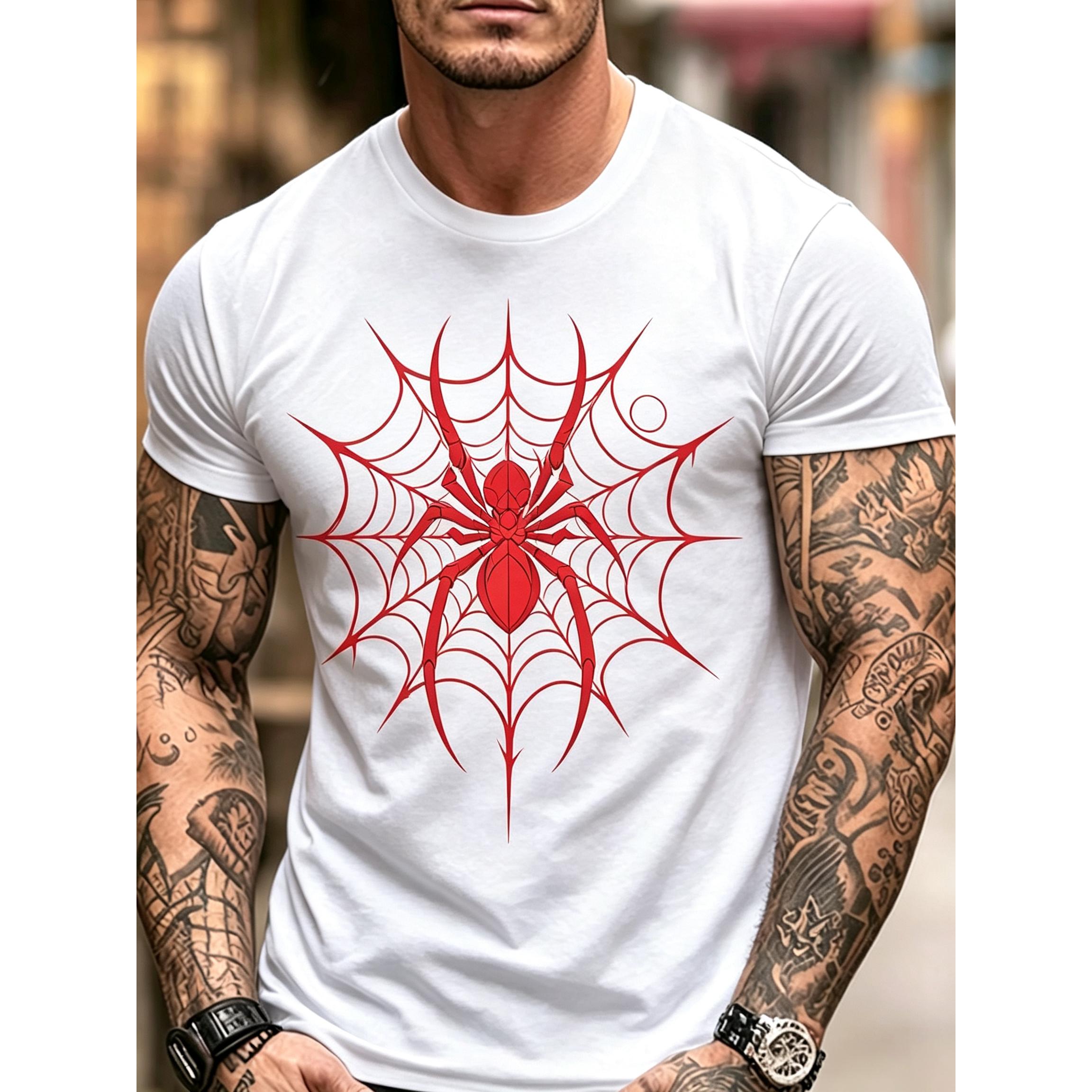 Red Spider Web Graphic Crew Neck T-Shirt, Gothic Arachnid Print Short Sleeve Casual Tee for Men Streetwear Top