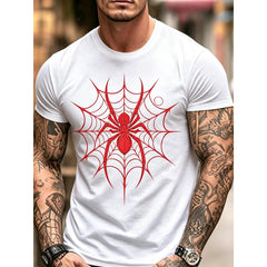 Red Spider Web Graphic Crew Neck T-Shirt, Gothic Arachnid Print Short Sleeve Casual Tee for Men Streetwear Top