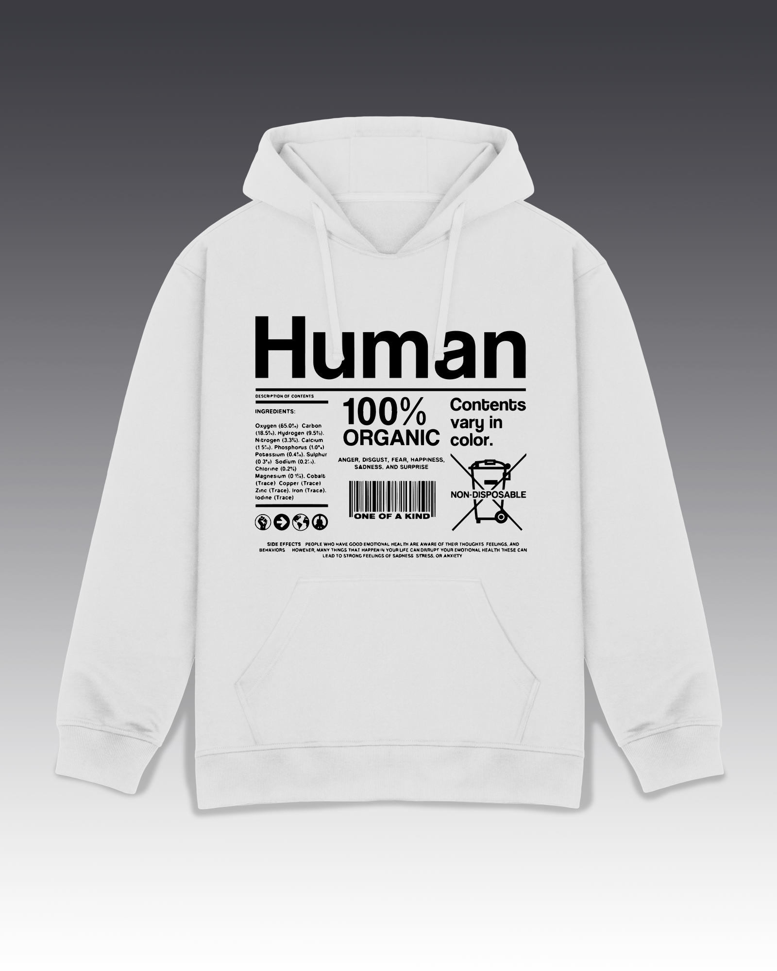 DIYANYONE Original "Human 100% Organic" Hoodie - Heavyweight Cotton Blend Pullover, Sarcastic Product Label Hoodies