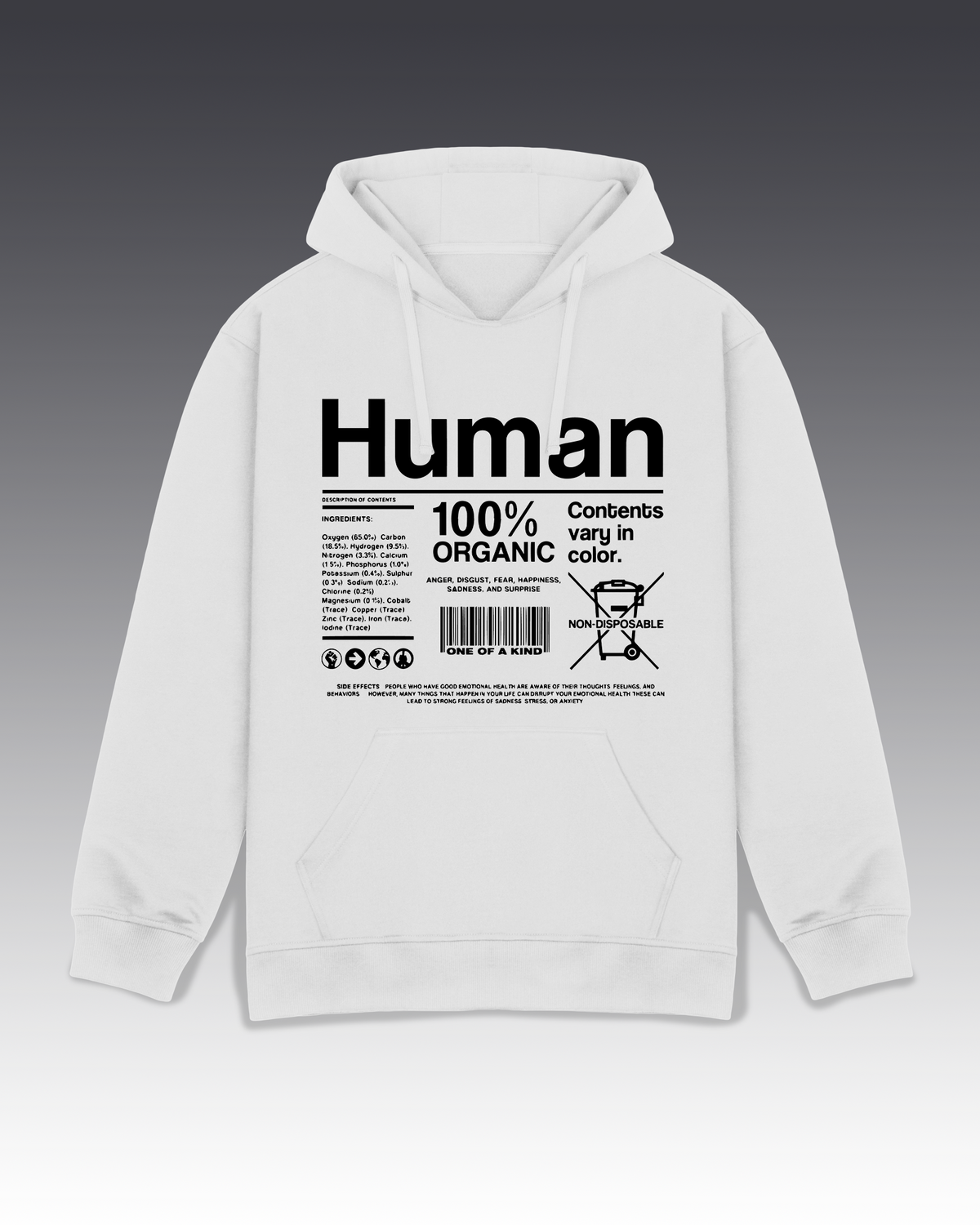 DIYANYONE Original "Human 100% Organic" Hoodie - Heavyweight Cotton Blend Pullover, Sarcastic Product Label Hoodies