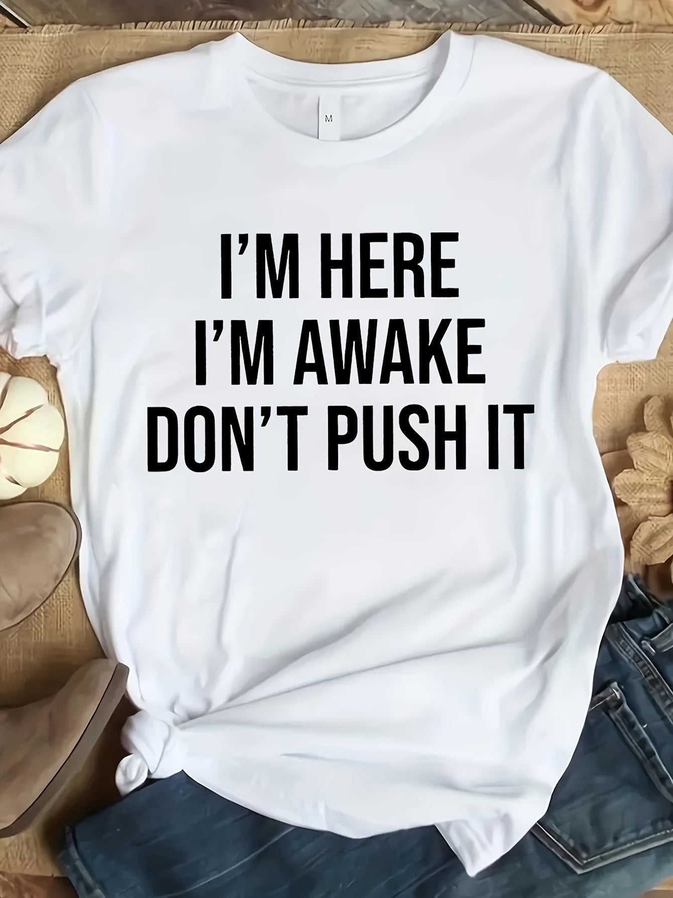 I'M AWAKE Letter Print T-shirt, Short Sleeve Crew Neck Casual Top For Summer & Spring, Women's Clothing
