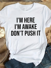 I'M AWAKE Letter Print T-shirt, Short Sleeve Crew Neck Casual Top For Summer & Spring, Women's Clothing