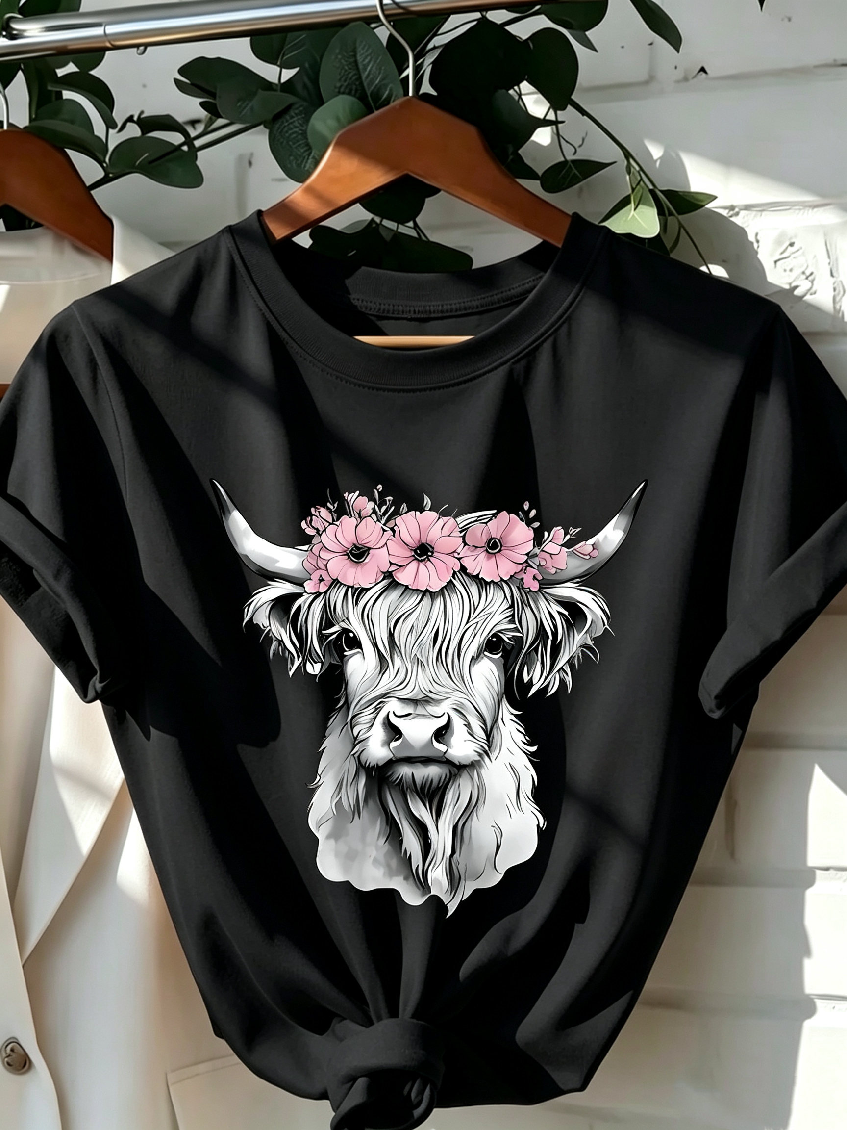 Women's Cow T-Shirt with Floral Crown Graphic - Cotton Casual Round Neck Short Sleeve Top, Cute Cow Shirt, Comfortable Clothing