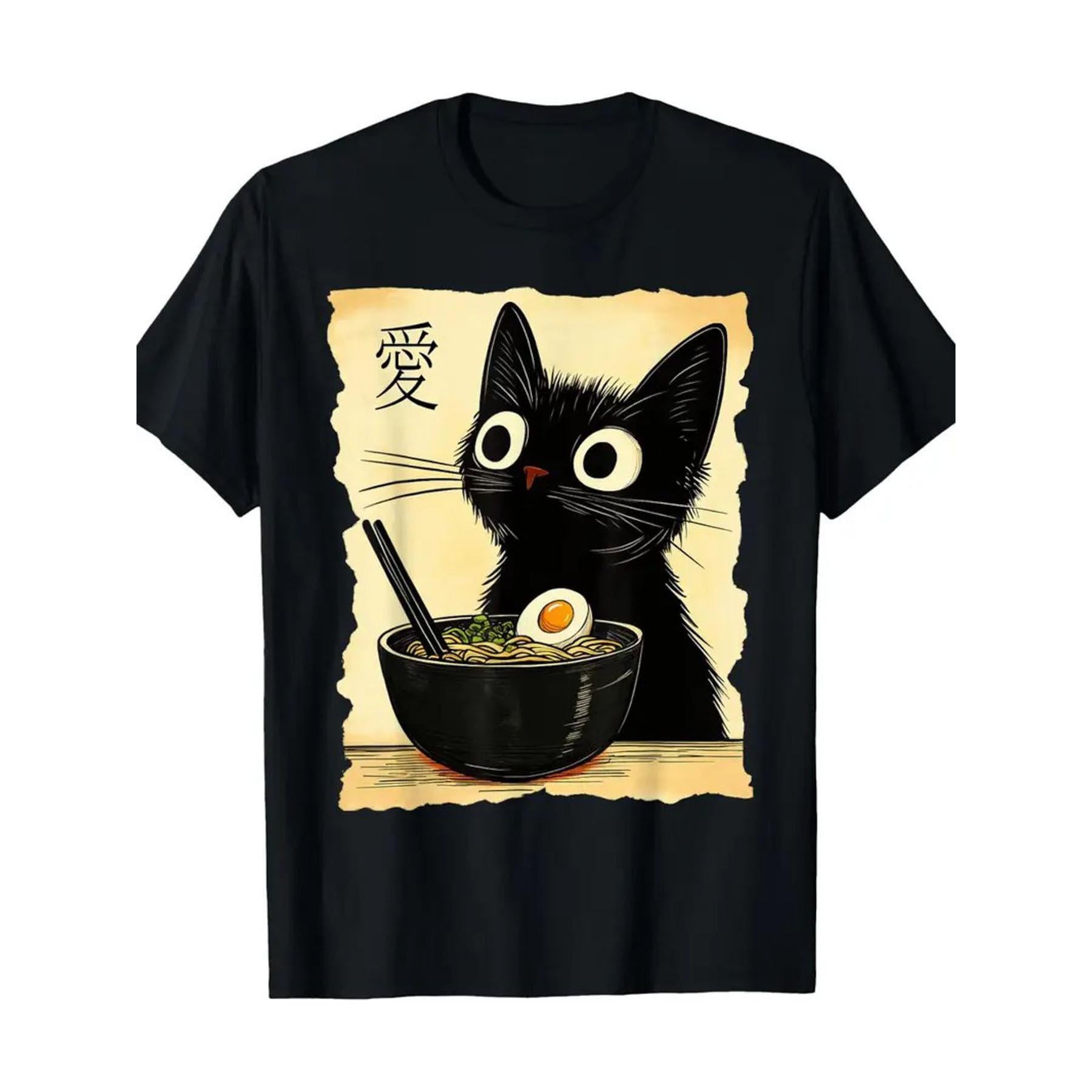 Kawaii Ramen Cat Anime Tee – Black Cat Eating Noodles Shirt for Men, 100% Cotton Relaxed Fit Crewneck