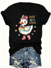 Cute Duck Hot Mess Express Quote Graphic T‑Shirt for Women, Fun Whimsical Animal Short Sleeve Crewneck Casual Tee Top