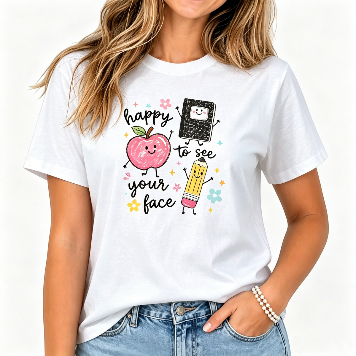 Happy To See Your Face Teacher T Shirt Women Cute Apple Pencil Graphic Tee Vintage Back To School Summer Top