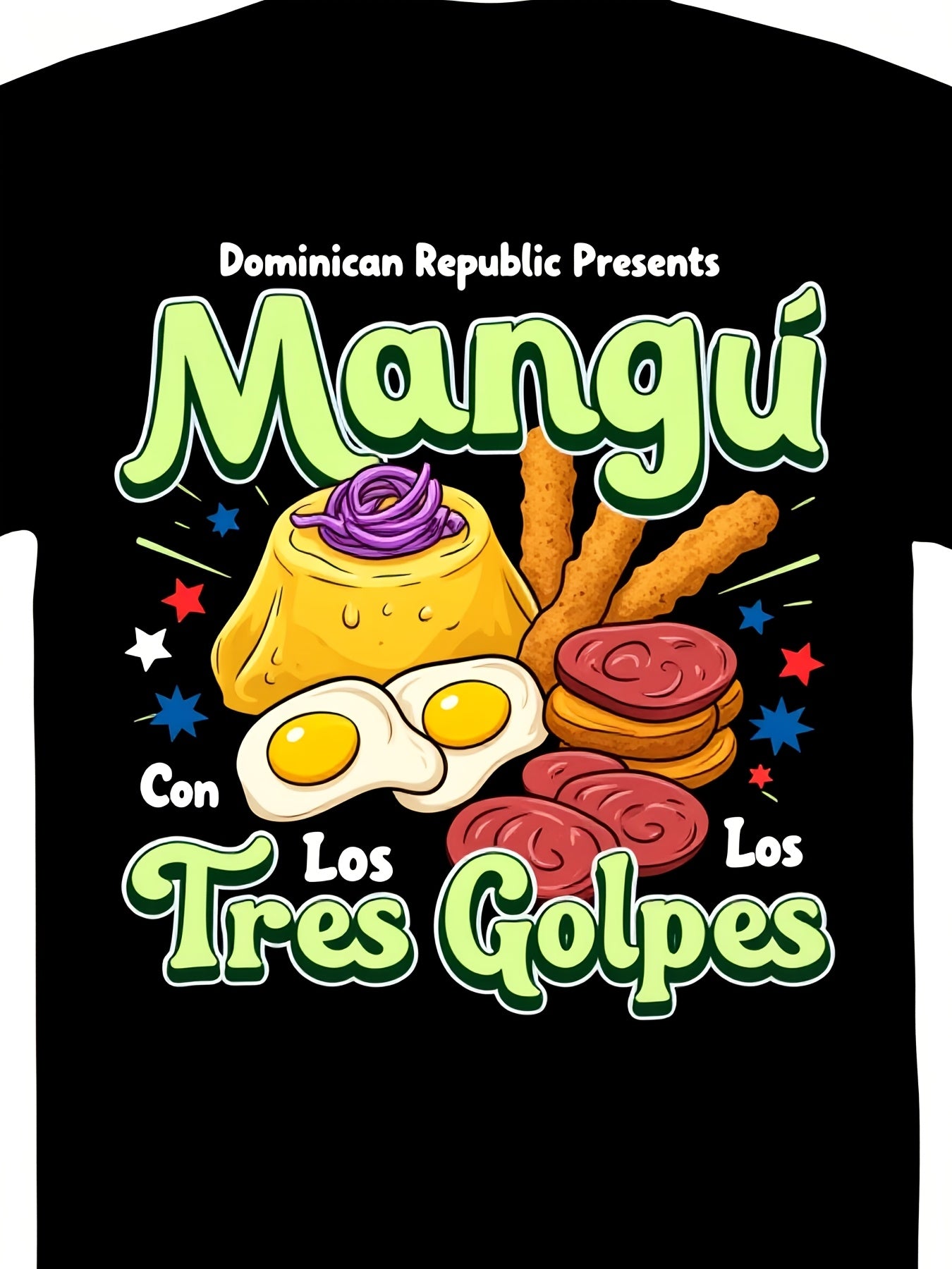Mangú Con Los Tres Golpes Dominican Republic Food Graphic Tee for Men Women, Traditional Caribbean Cuisine Short Sleeve T-Shirt, Casual Crew Neck Top for Food Lover Gift