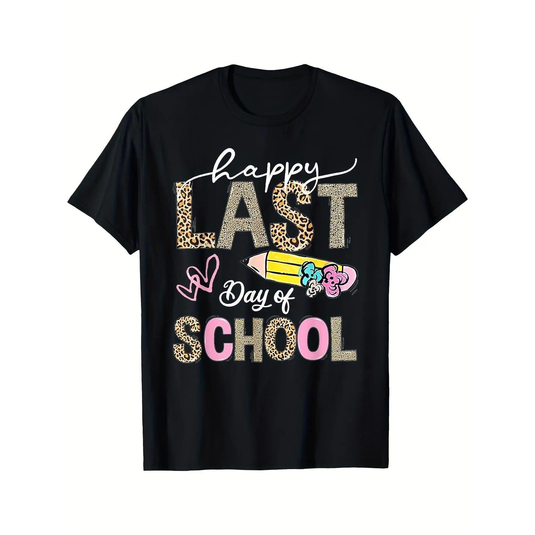 Happy Last Day of School Leopard Print T-Shirt - Teacher & Student End of Year Graphic Tee, Unisex Summer Casual Top