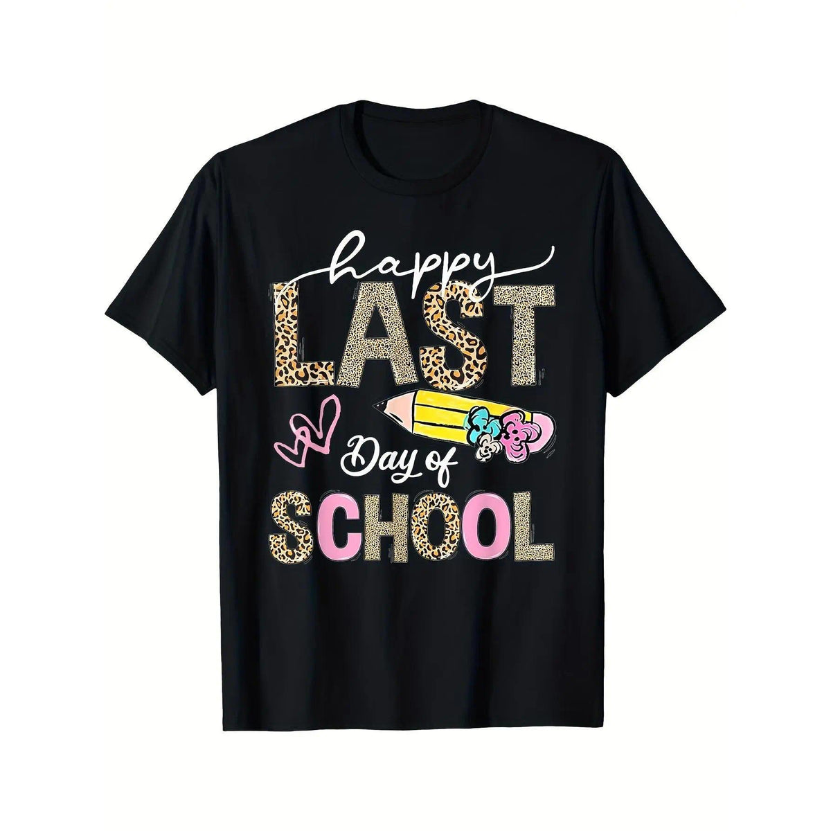 Happy Last Day of School Leopard Print T-Shirt - Teacher & Student End of Year Graphic Tee, Unisex Summer Casual Top