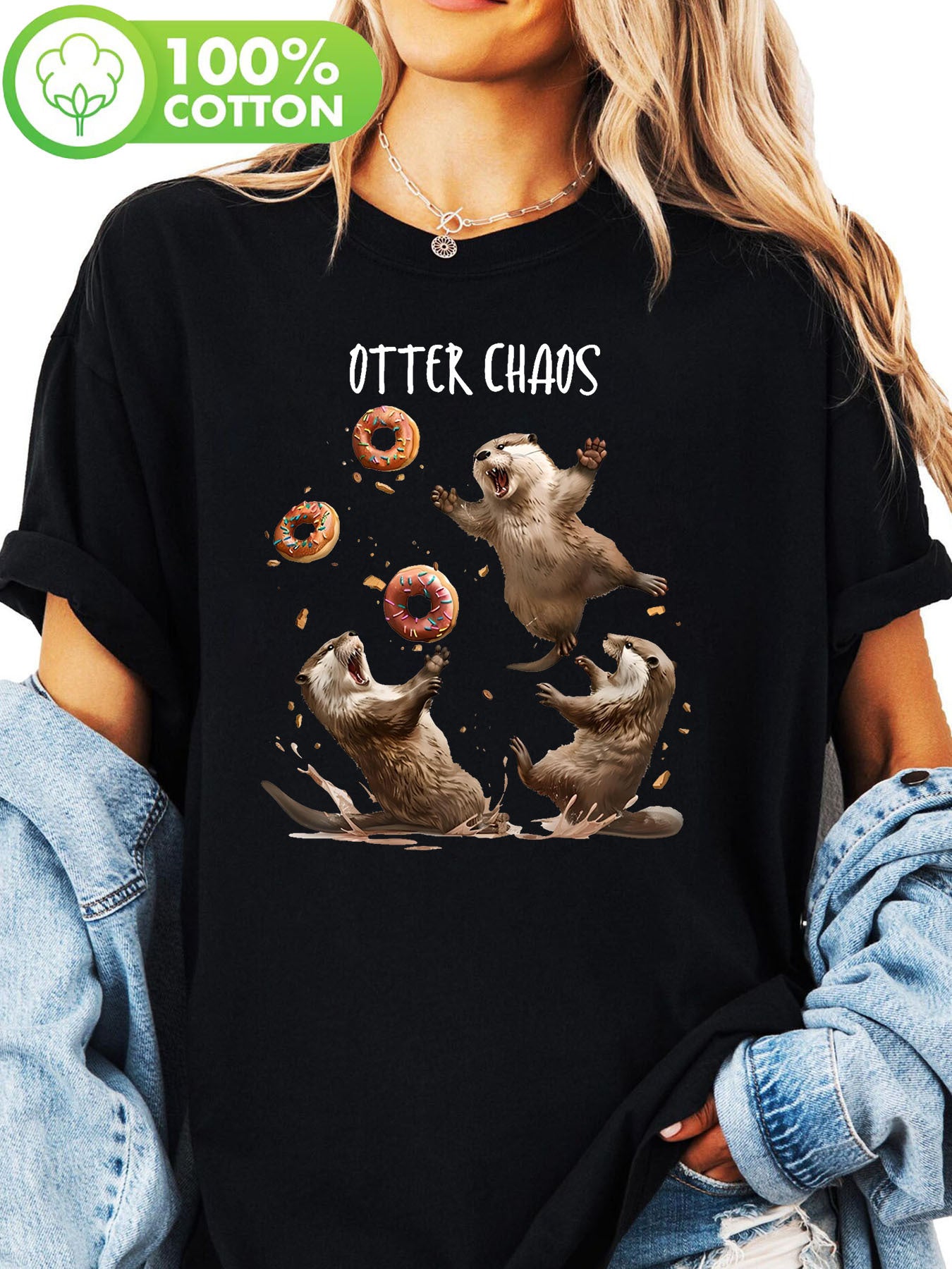 Chaos Funny Bagel Fighting Sea Otters Pun Animal Lover Print t-shirt, short sleeve crew neck casual top