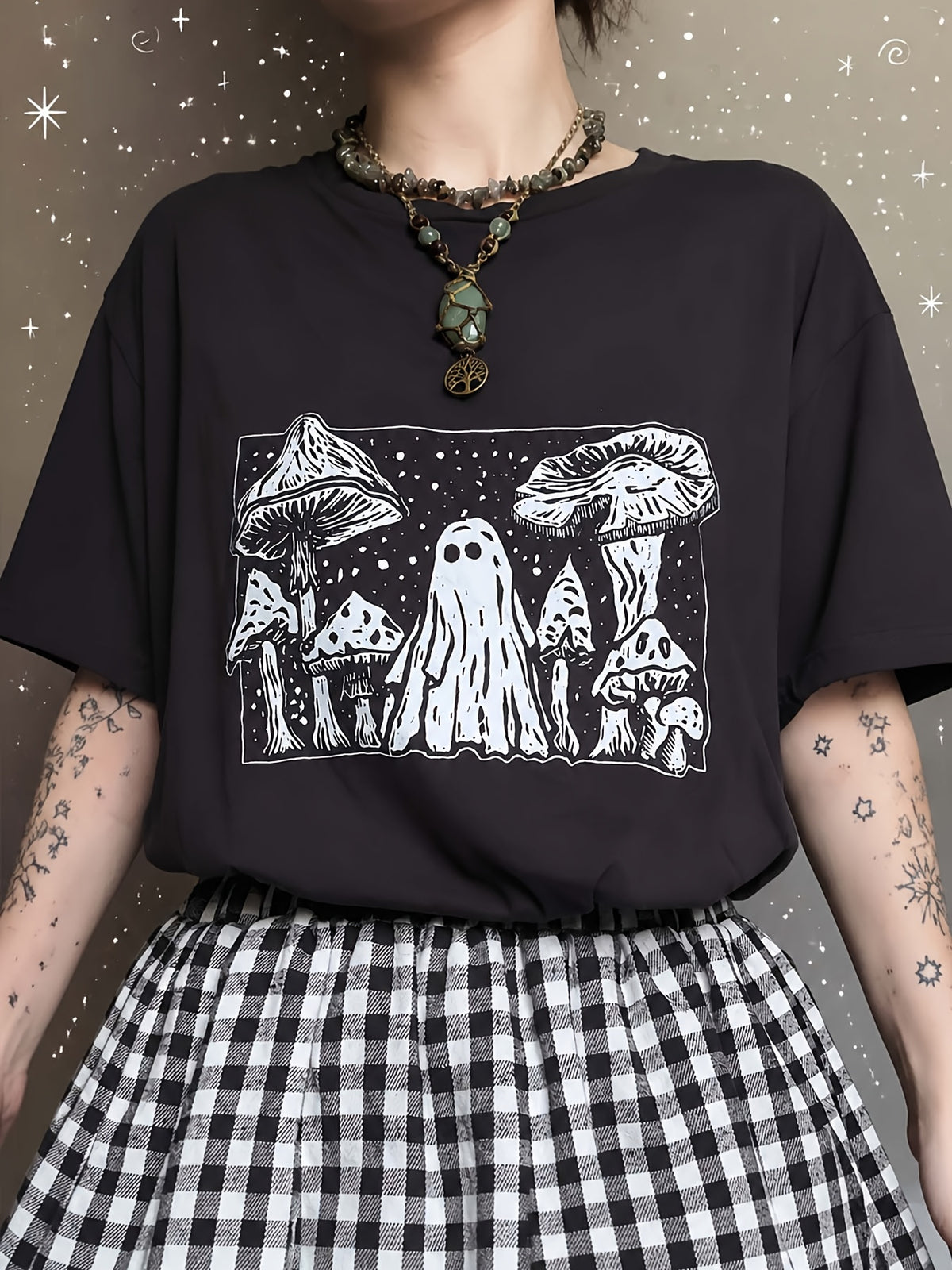 Cute Ghost Mushroom T-Shirt Vintage Linocut Halloween Tee Witchy Aesthetic