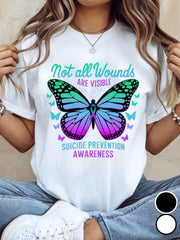 Not All Wounds Are Visible Suicide Prevention Awareness Butterfly Graphic Tee for Men Women, Mental Health Support Short Sleeve T-Shirt, Casual Crew Neck Top for Advocate Gift