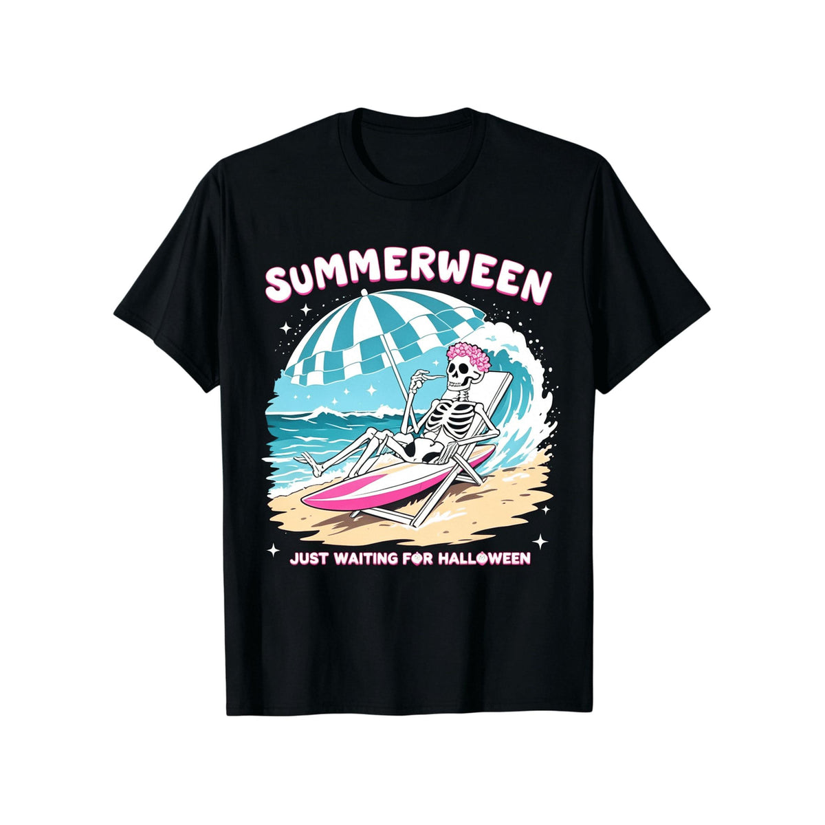 Black with Pink & White Spooky Summerween Skeleton Beach Party Design, Casual Round Neck Short Sleeve Tee for Pool Parties, BBQs, Funny Costume Outfit