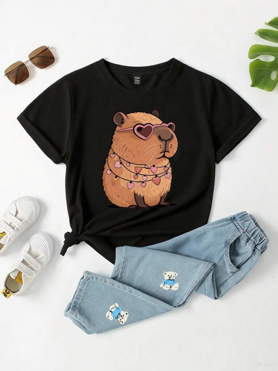 Women's Casual Fashion Creative Cute Cartoon Capybara Pattern Printed Basic Short Sleeve T-Shirt Capybara T-Shirt Cute Graphic Tees Cartoon T-Shirt Animal Graphic Tee Heart Graphic Tee Cartoon Graphic Tee Animal T-Shirt