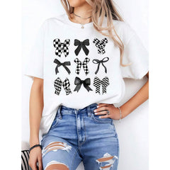 9 Bows Graphic T-Shirt Black White Checkerboard Ribbon Cute Girl Summer Outfit