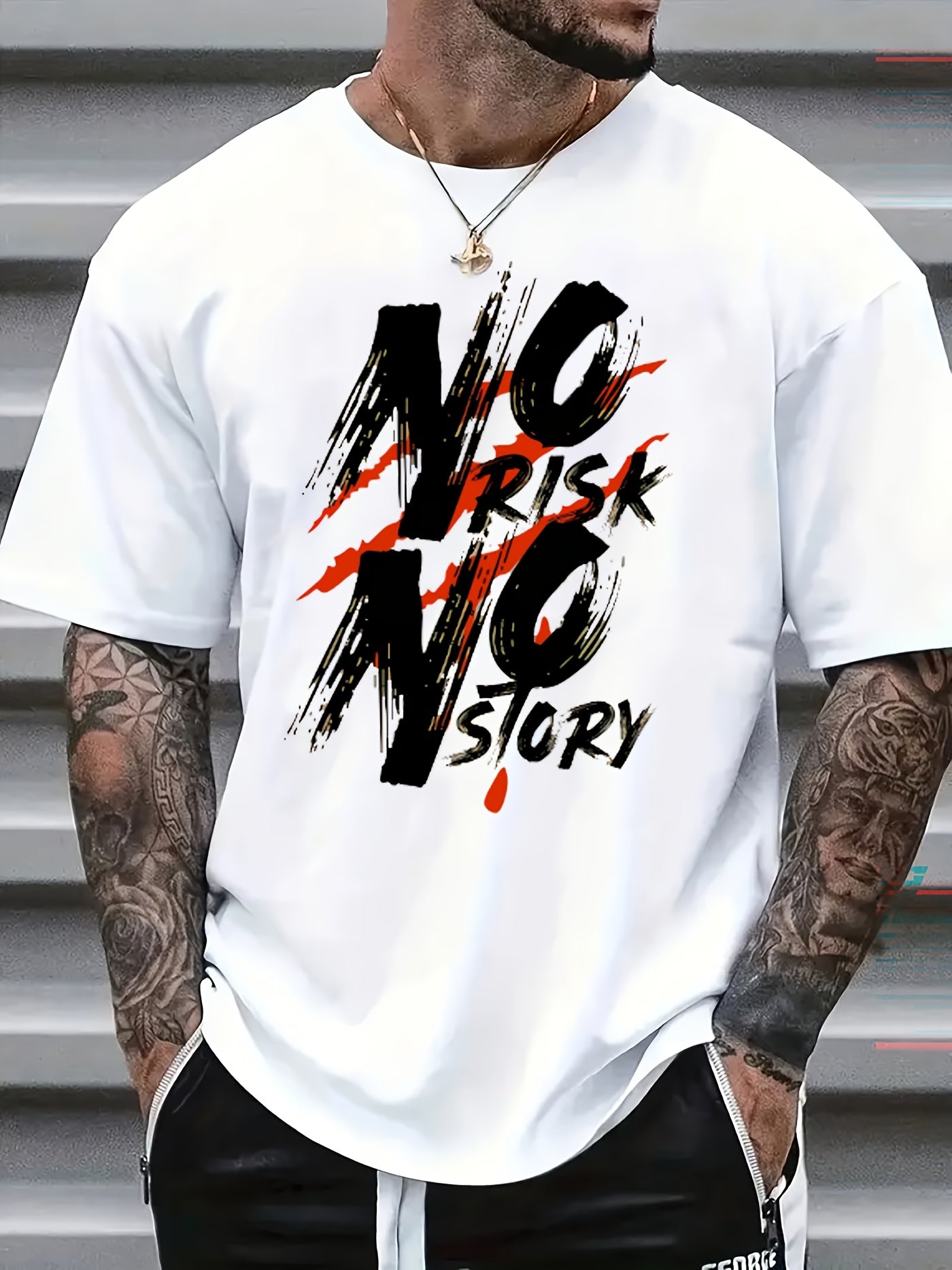 Men's Motivational Graphic T-Shirt, "No Risk No Story" Inspirational Print Crew Neck Short Sleeve Casual Streetwear Tee, Soft Comfortable Everyday Fashion Shirt