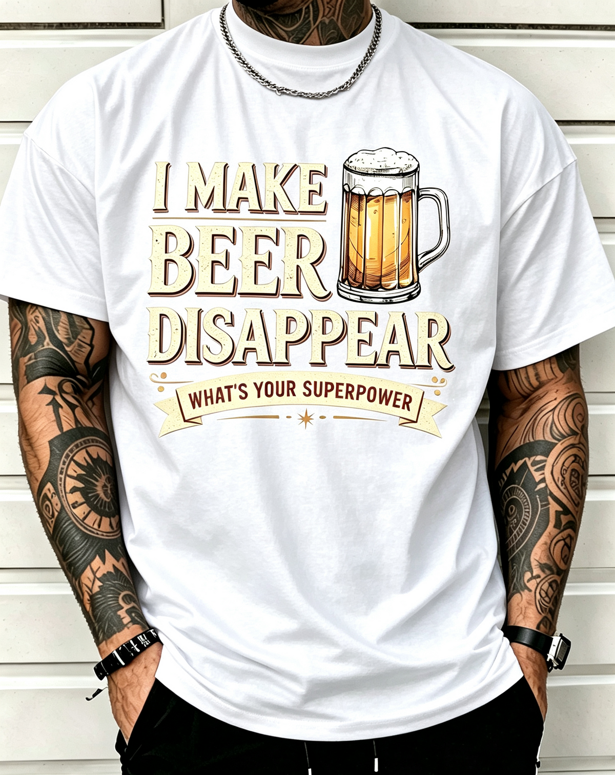 Men Funny I Make Beer Disappear Graphic T‑Shirt, What's Your Superpower Retro Beer Mug Print Casual Crew Neck Tee for Beer Lovers