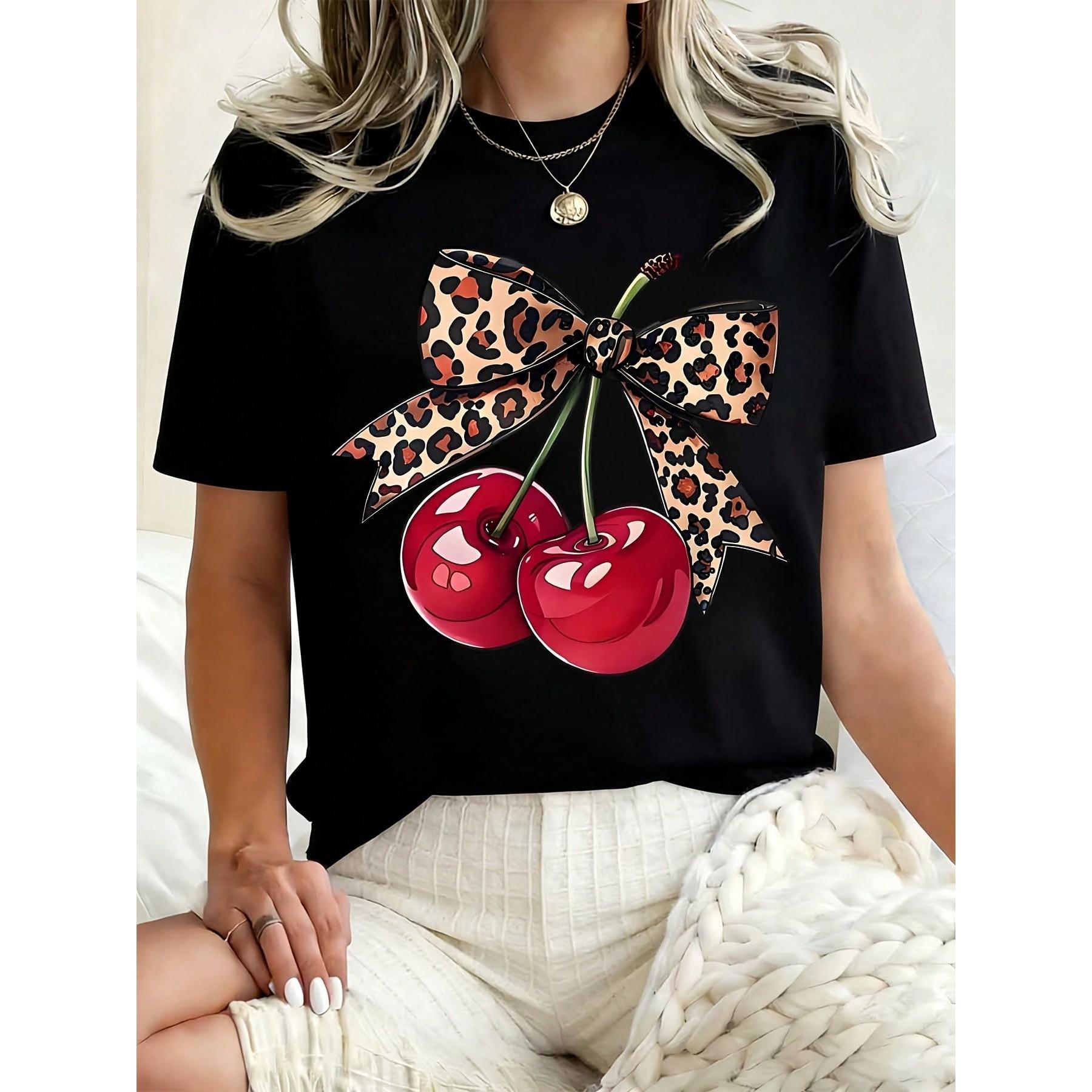 Women Round Neck T Shirt Cherry Leopard Bow Print Casual Summer Wear For Everyday And Holiday