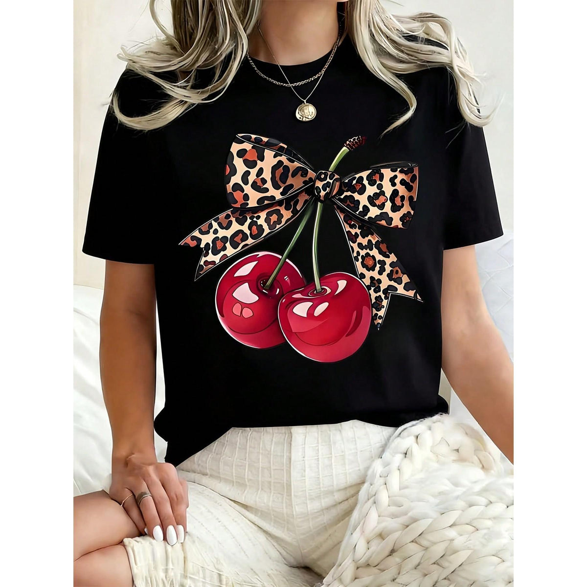 Women Round Neck T Shirt Cherry Leopard Bow Print Casual Summer Wear For Everyday And Holiday