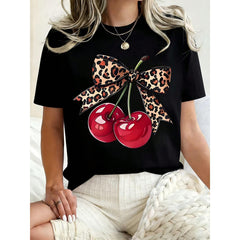 Women Round Neck T Shirt Cherry Leopard Bow Print Casual Summer Wear For Everyday And Holiday