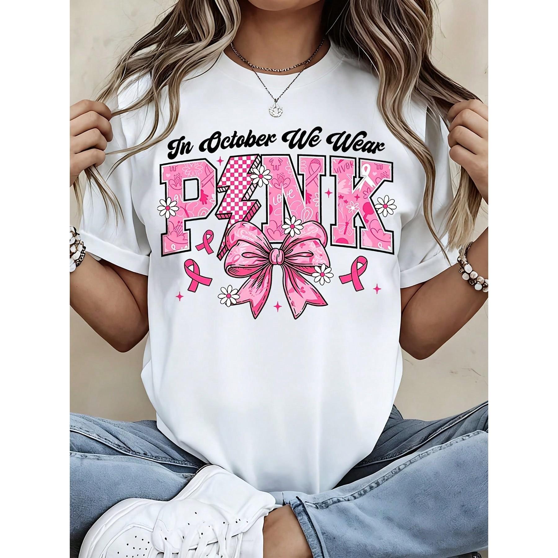 Women Breast Cancer Awareness In October We Wear Pink Bow Floral Graphic T Shirt Casual Short Sleeve Tee Support Gift