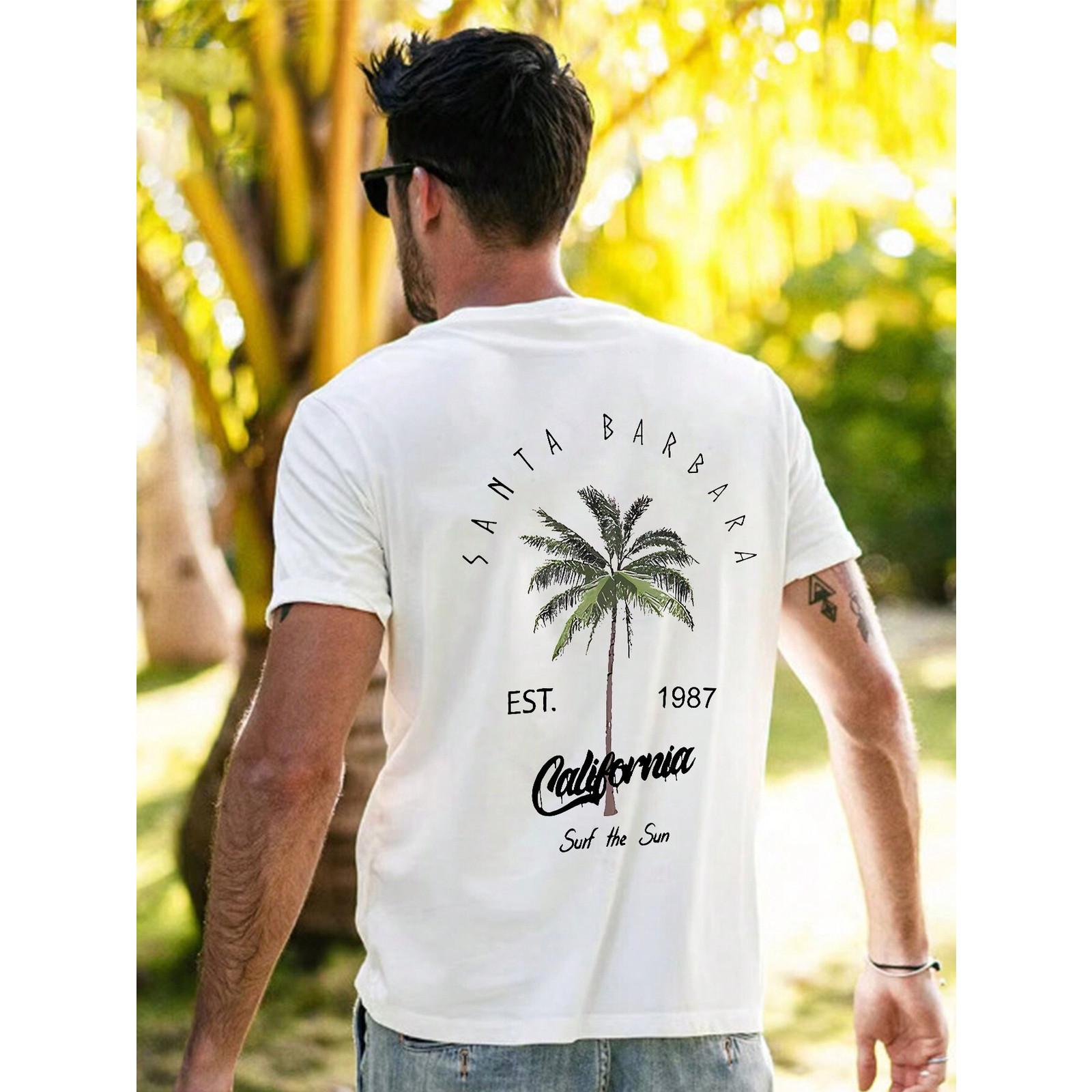 Summer New Men's Coconut Tree Letter Print Short Sleeve Round Neck T-Shirt